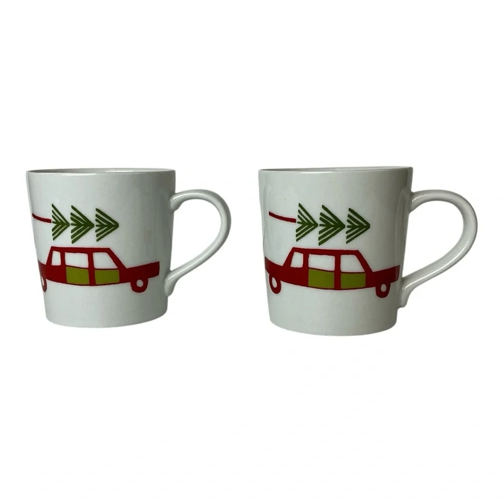 Crate & Barrel Julia Rothman Yule Town Christmas Tree Coffee/Cocoa Mug Set (4)